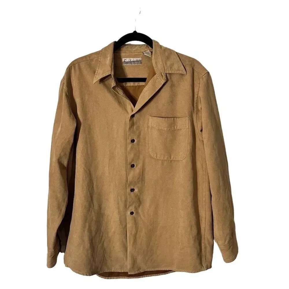 Fieldmaster Men's M Brown Faux Suede Button-Down Shirt Long Sleeve